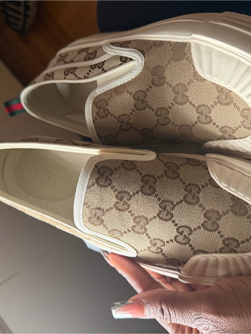 Gucci Tan GG Canvas Slip-On Sneakers with White Trim